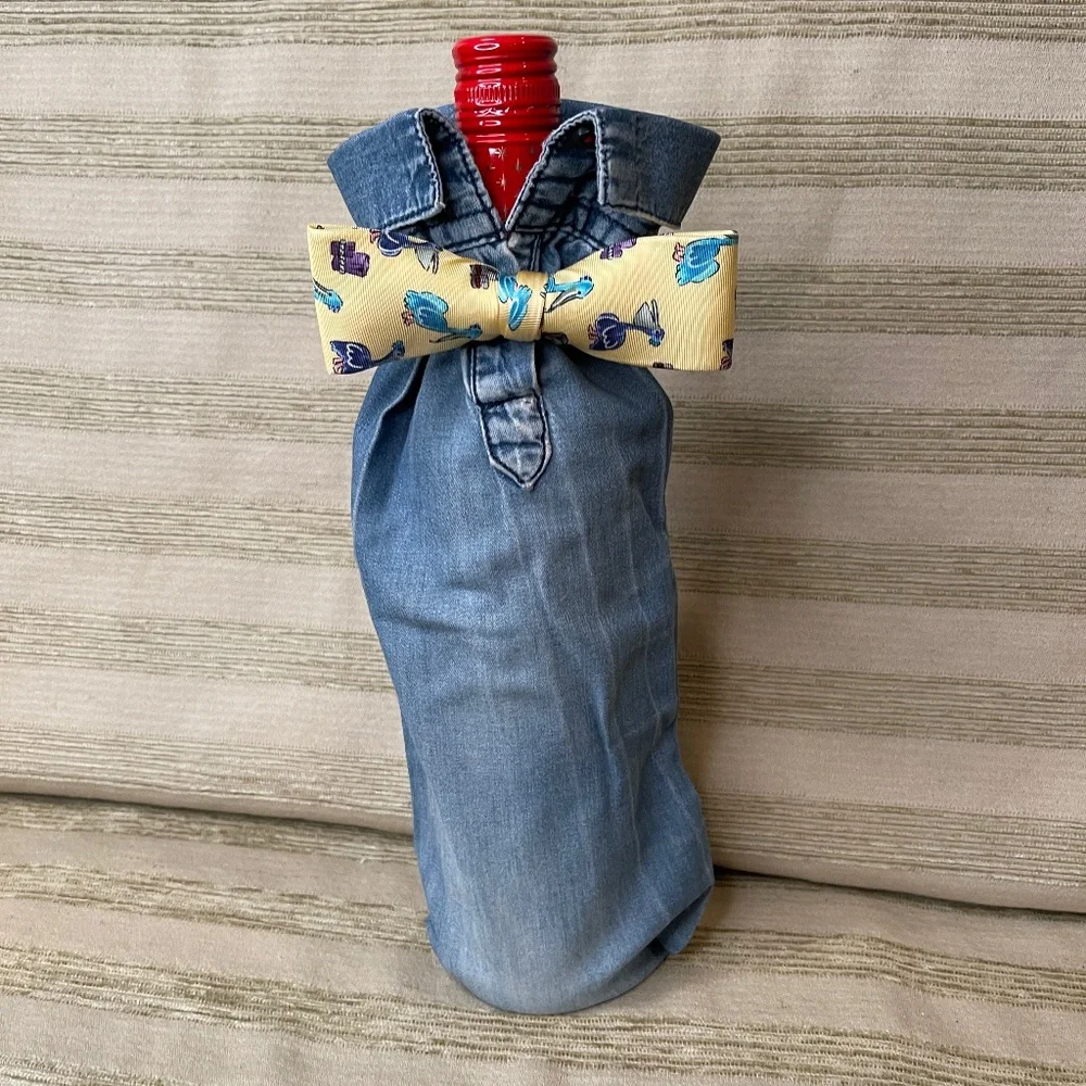 Handcrafted Wine or Liquor Bottle Gift Bag Made From Dress Shirt and Tie